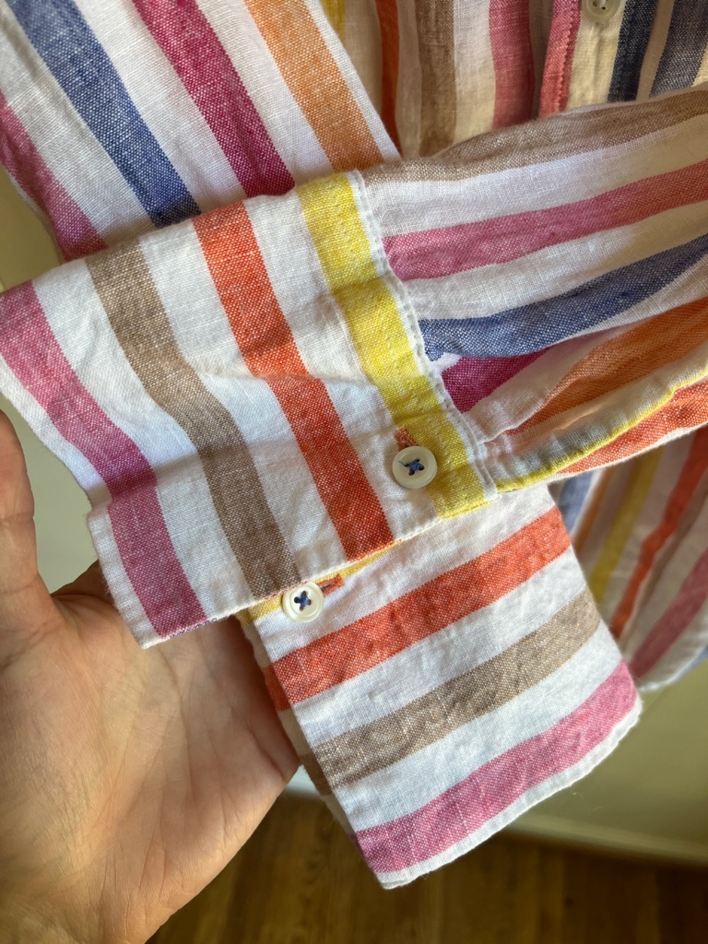 Talbots Multicolor Striped Button-Down Linen Beach Coastal Summer Shirt Sz LP - Picture 5 of 9